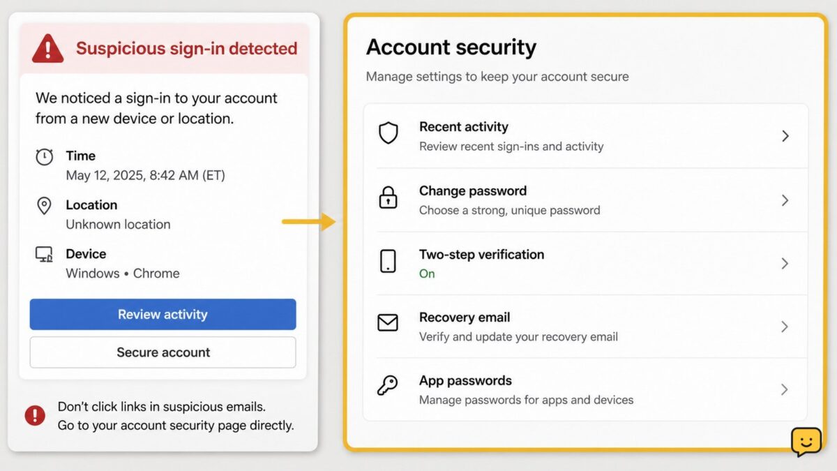 Email security alert beside an official account security settings page