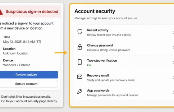 Email security alert beside an official account security settings page