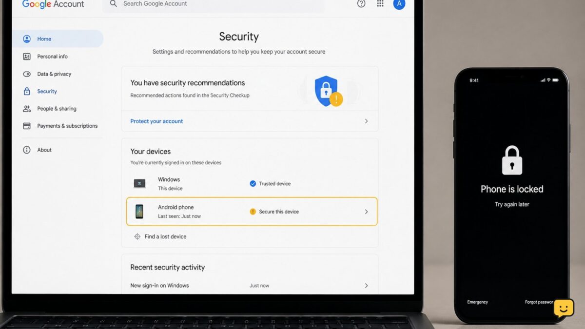 Google Account security dashboard beside a locked stolen phone