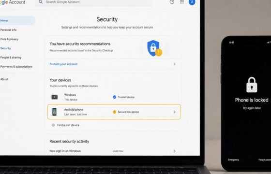 Google Account security dashboard beside a locked stolen phone