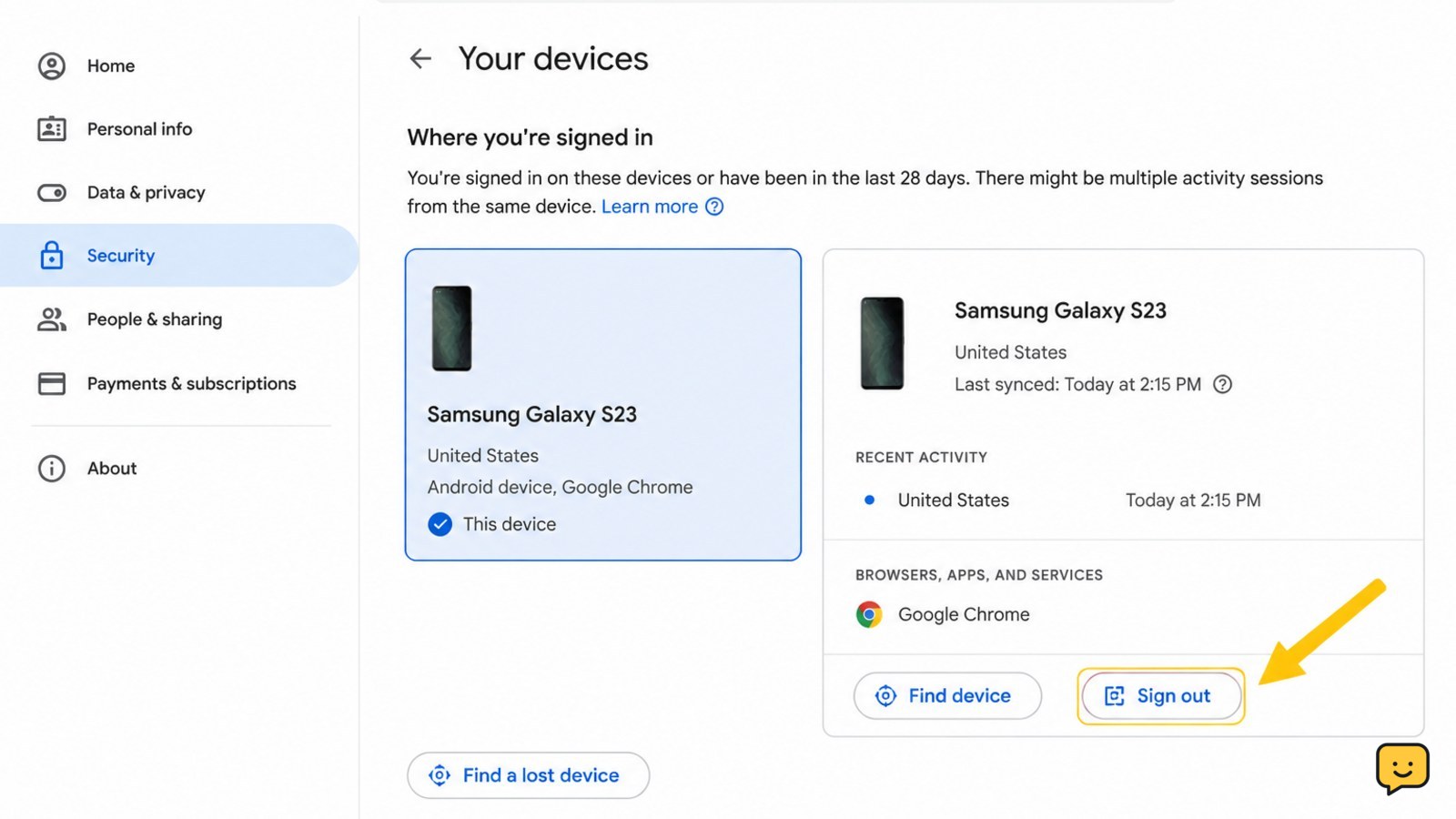 Google Account Your devices page with the stolen phone selected for sign-out
