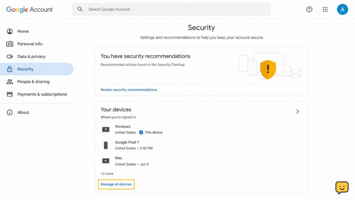 Google Account Security page showing the Your devices section and Manage all devices control