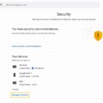 Google Account Security page showing the Your devices section and Manage all devices control