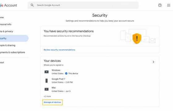 Google Account Security page showing the Your devices section and Manage all devices control