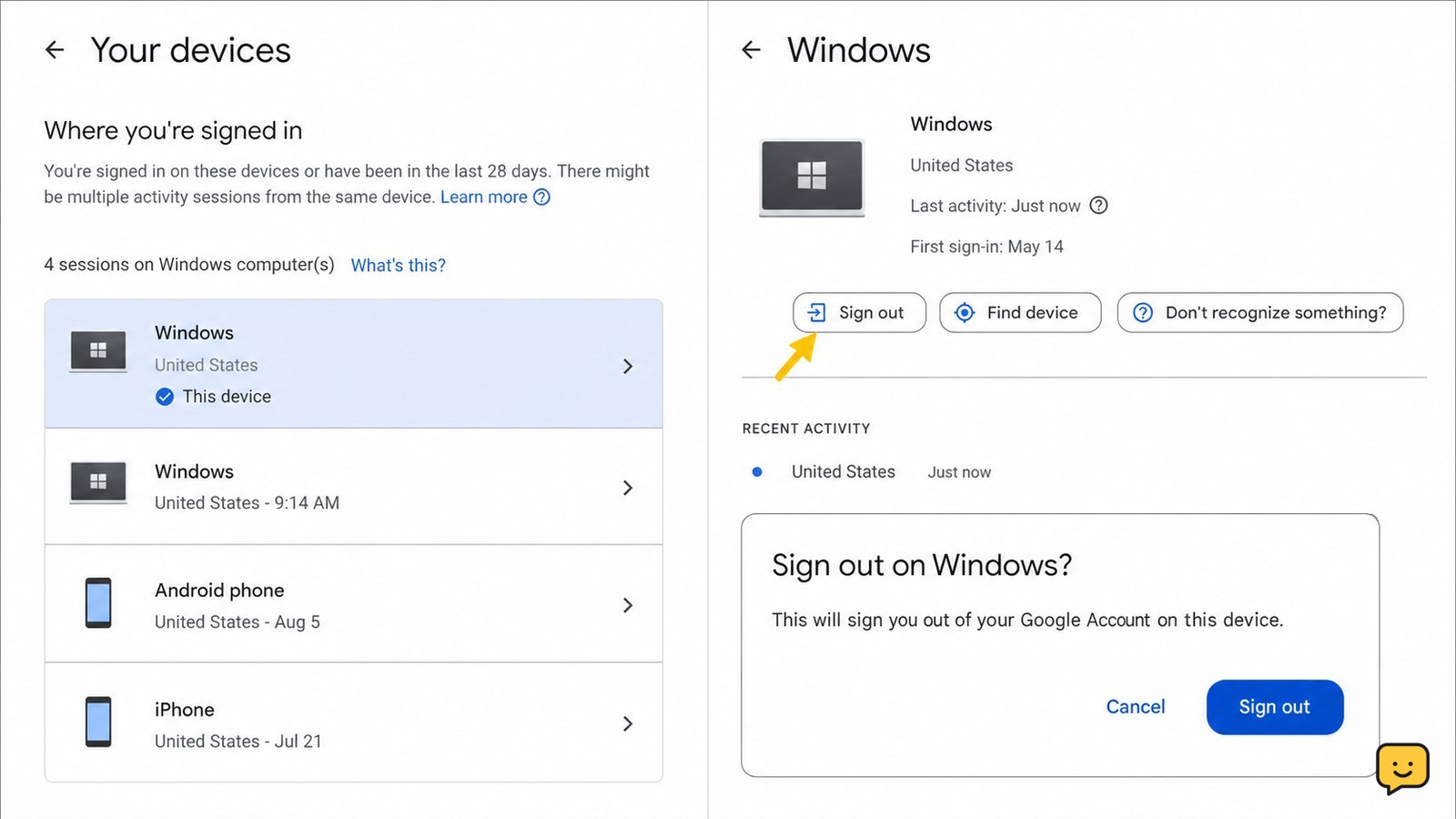 Google Account device details page showing a Sign out control for one signed-in session