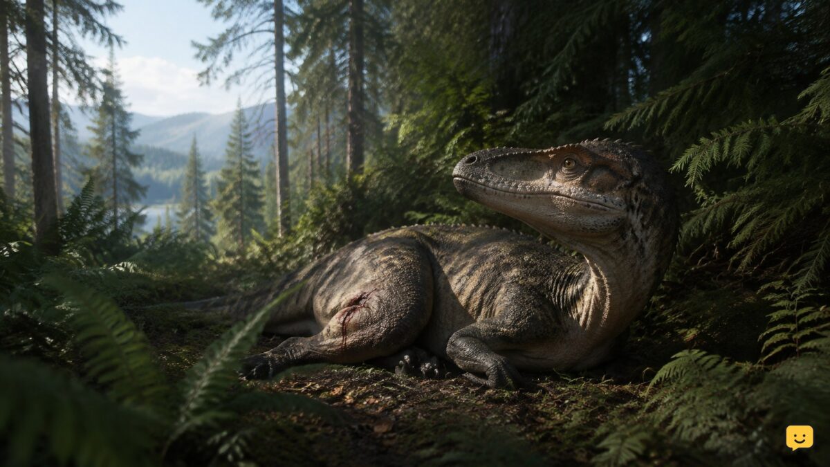 An injured dinosaur rests among ferns and trees in sheltered forest cover.
