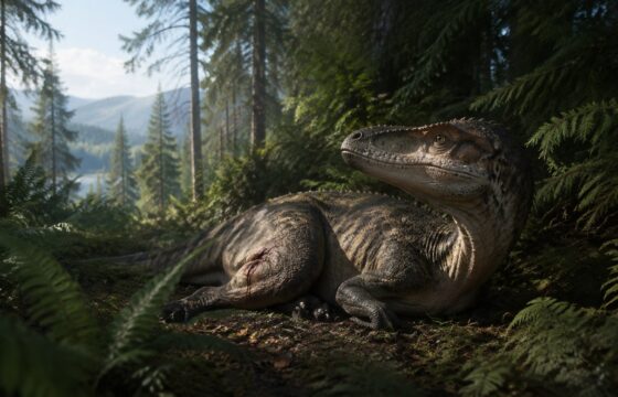 An injured dinosaur rests among ferns and trees in sheltered forest cover.