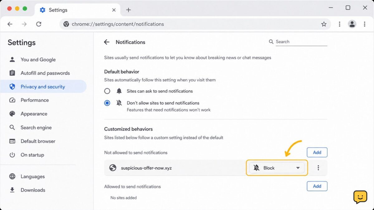Browser notification settings showing an unfamiliar website blocked from sending alerts