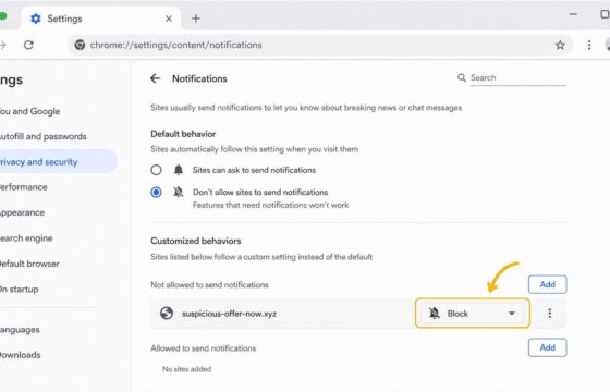Browser notification settings showing an unfamiliar website blocked from sending alerts