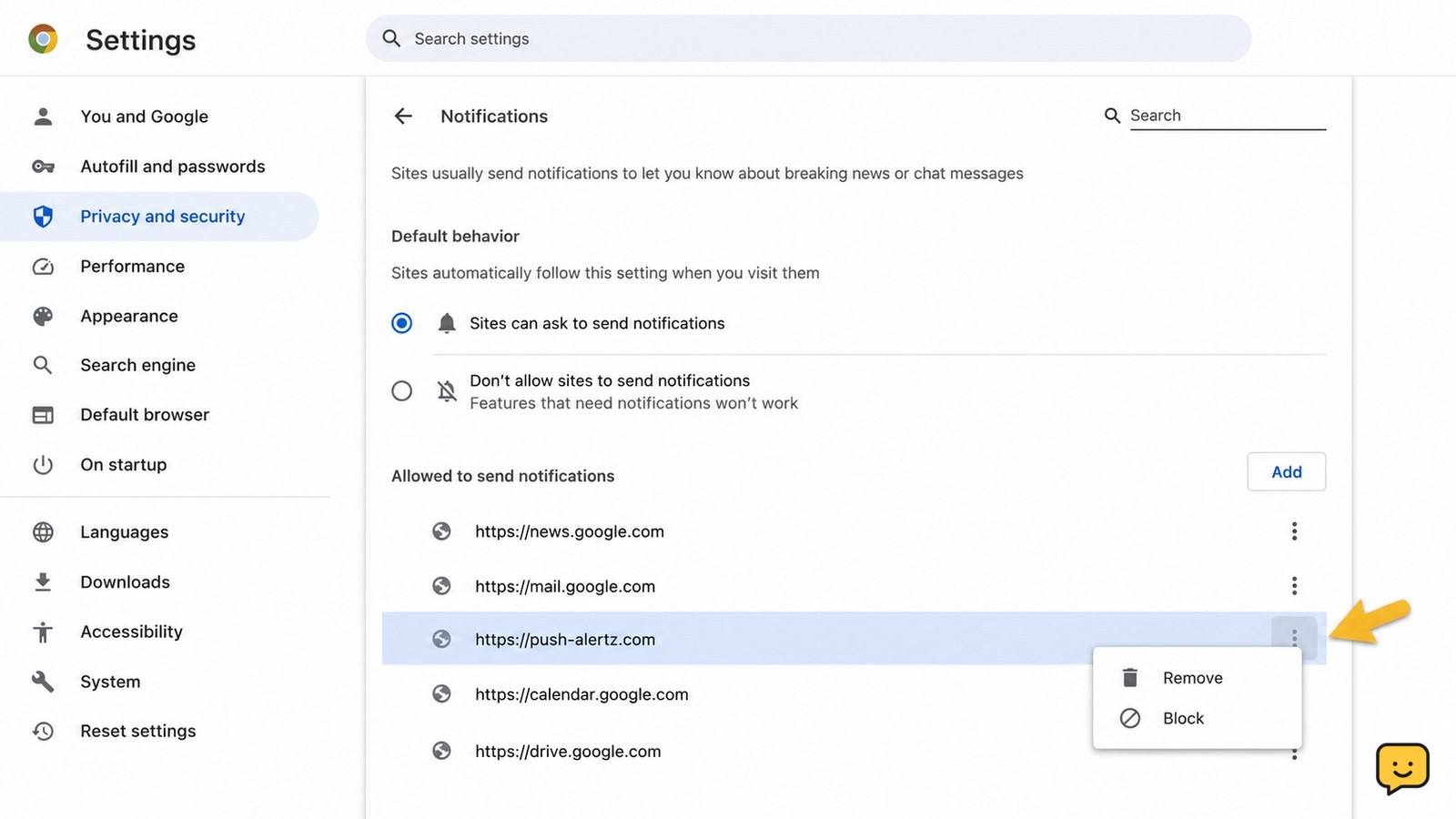 Chrome site settings notification list with an unfamiliar website selected for removal
