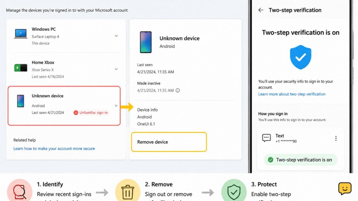 Microsoft account security workflow showing an unknown device being removed and two-step verification enabled
