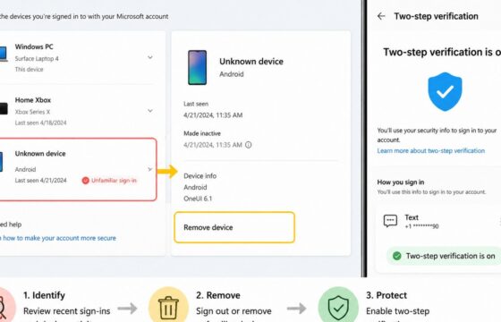 Microsoft account security workflow showing an unknown device being removed and two-step verification enabled