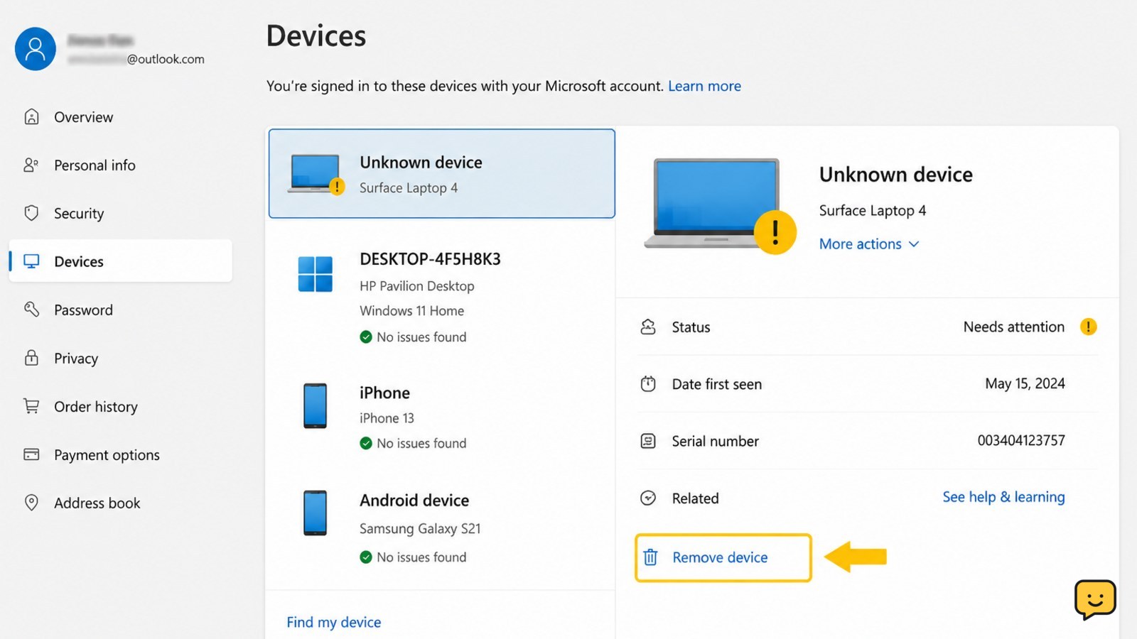 Microsoft account Devices page with an unfamiliar device selected and the Remove device or Unlink action highlighted