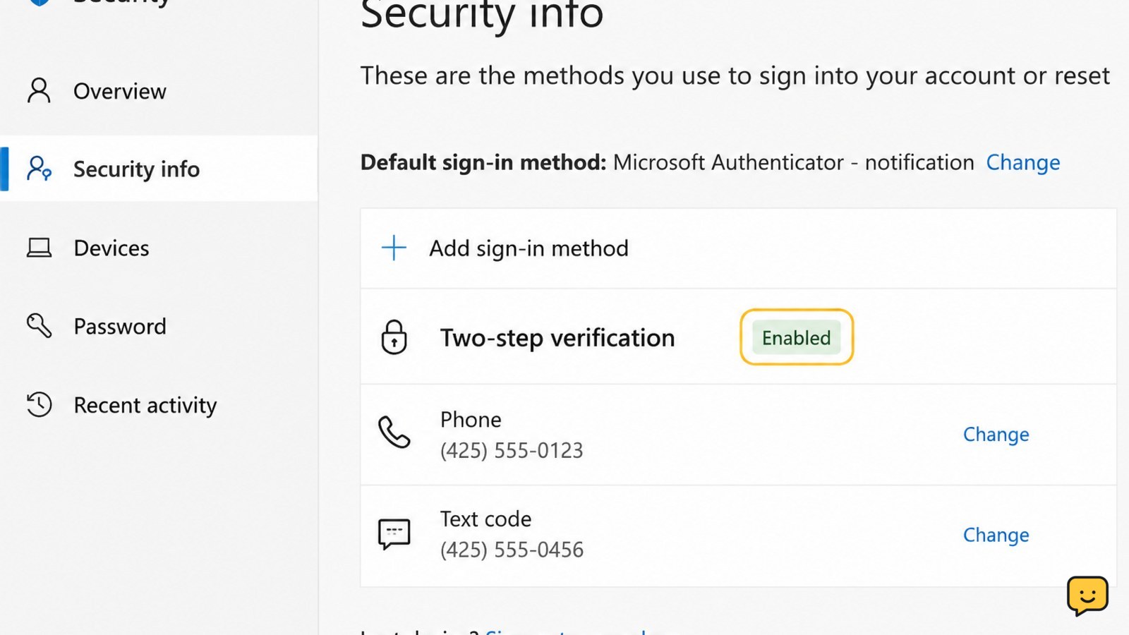 Microsoft account security settings showing two-step verification enabled with a trusted verification method