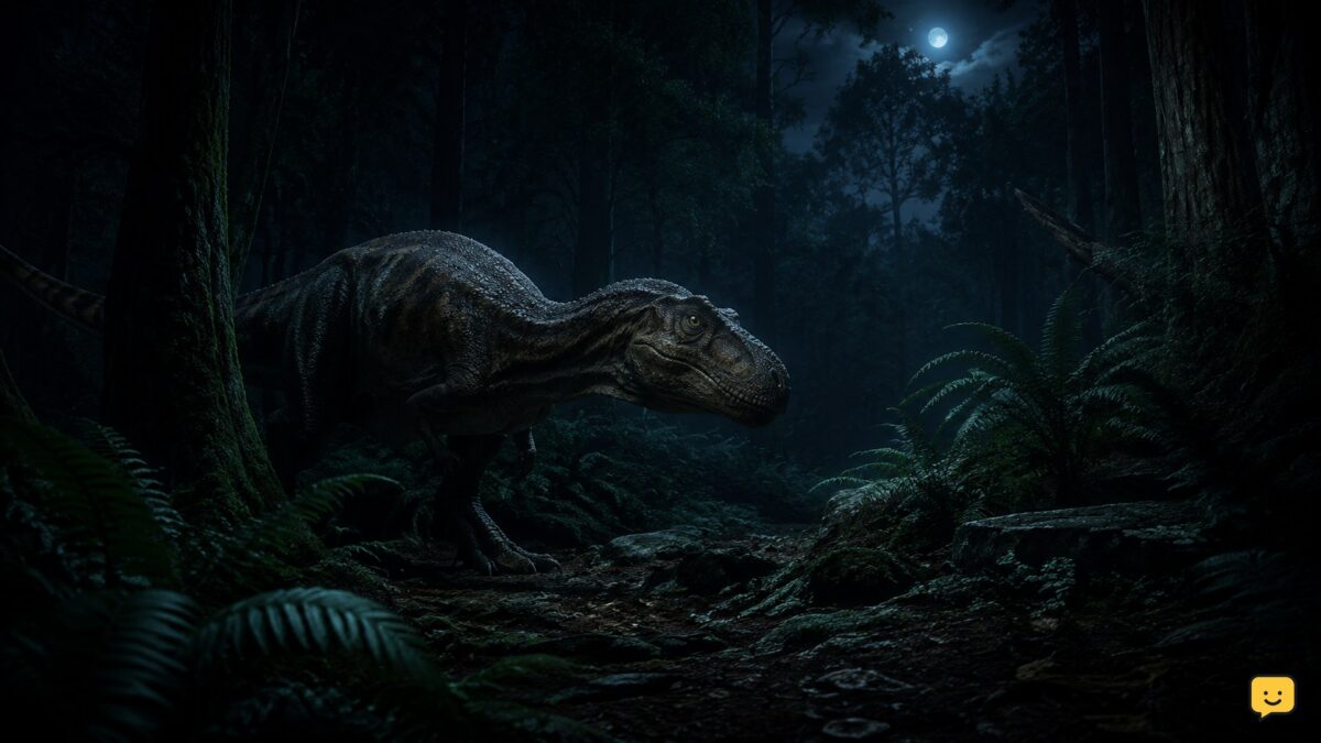 A dinosaur moving cautiously through a dark forest with nearby trees and ferns visible in limited night vision.