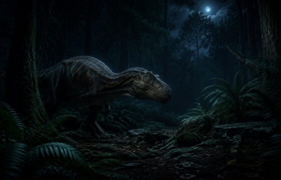 A dinosaur moving cautiously through a dark forest with nearby trees and ferns visible in limited night vision.
