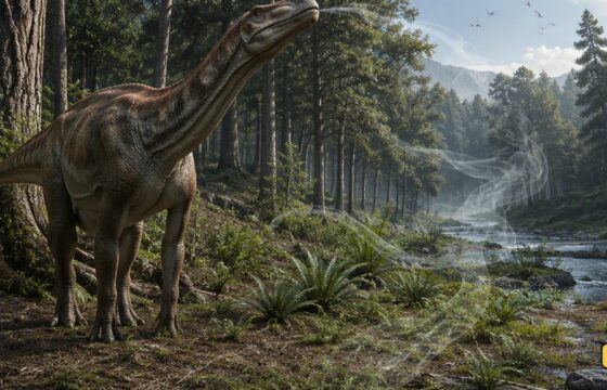 A dinosaur pauses in a forest while subtle scent trails lead toward water and food.