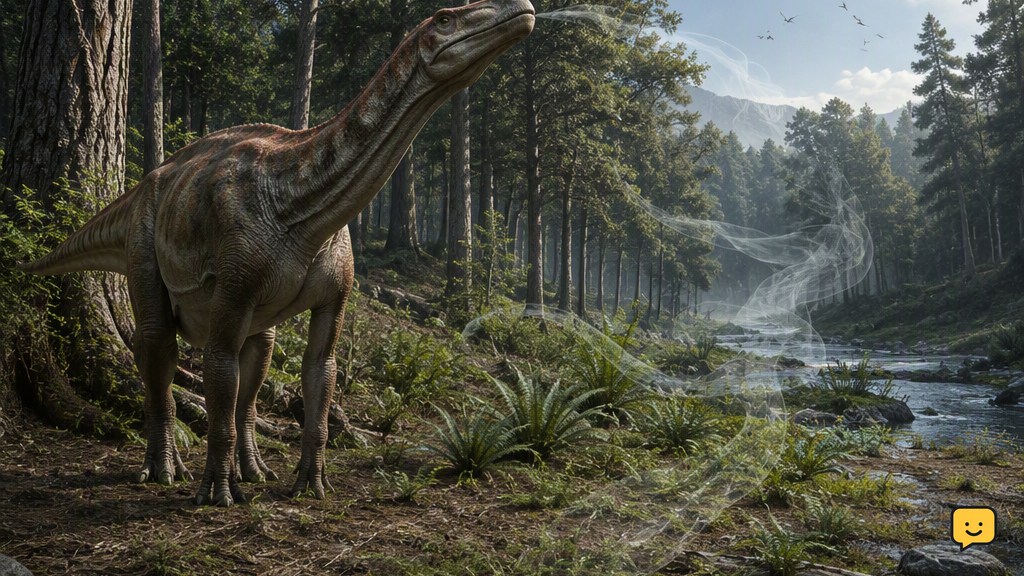 A dinosaur pauses in a forest while subtle scent trails lead toward water and food.
