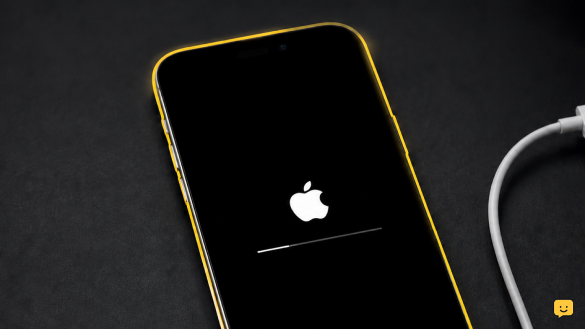 iPhone showing an Apple logo and stalled progress bar beside a connected computer.