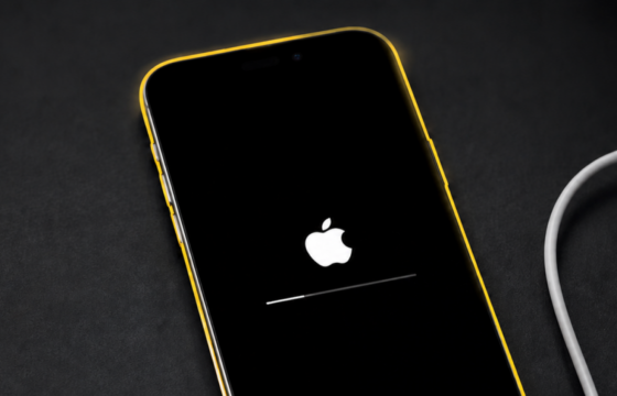 iPhone showing an Apple logo and stalled progress bar beside a connected computer.