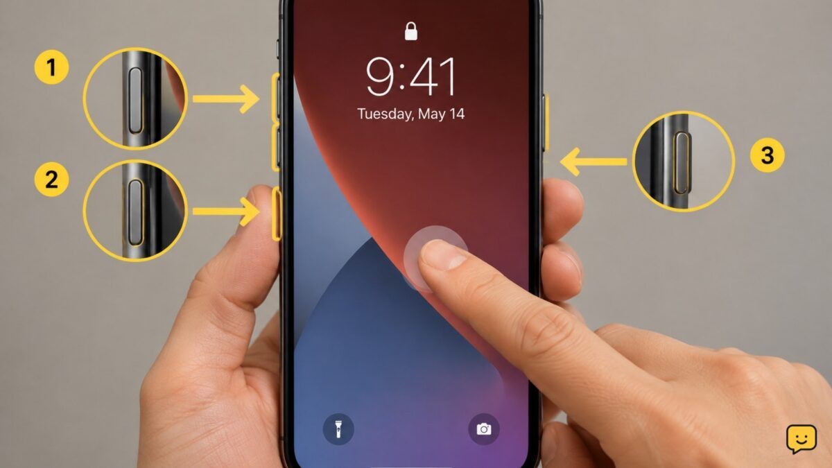 An iPhone with its lock screen awake while a hand begins the force-restart button sequence