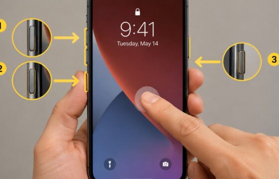 An iPhone with its lock screen awake while a hand begins the force-restart button sequence