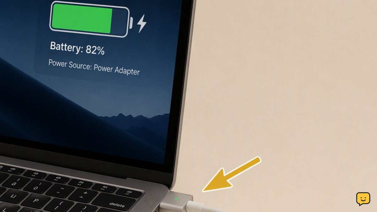 Laptop connected to its charger while the battery indicator shows plugged in but not charging