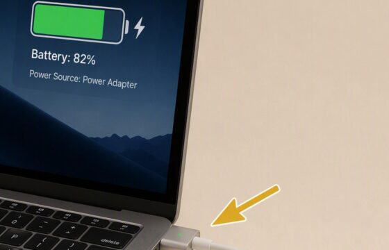 Laptop connected to its charger while the battery indicator shows plugged in but not charging