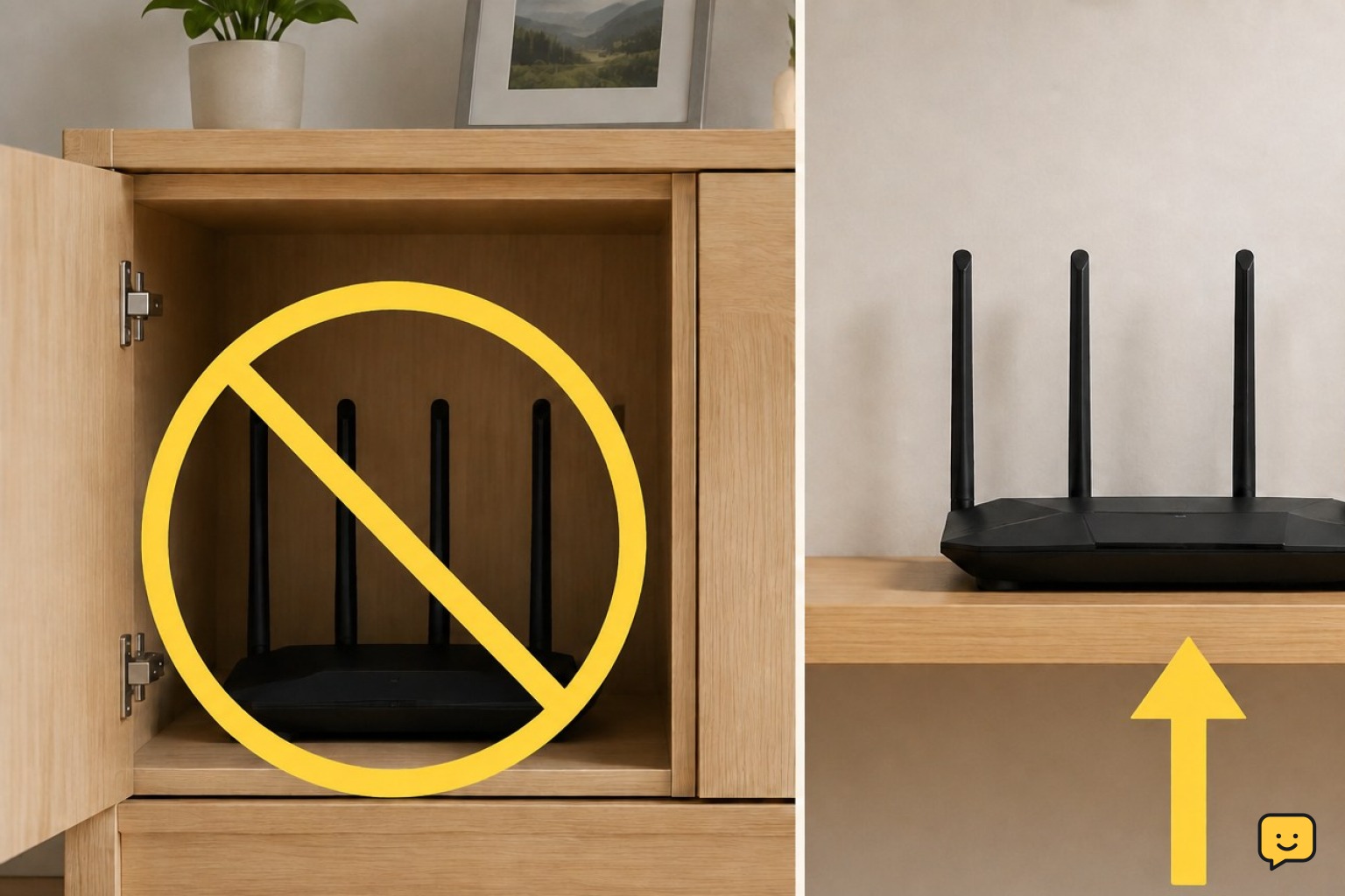 Comparison of a Wi-Fi router hidden in a cabinet and placed openly on a shelf