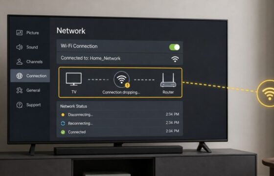 LG smart TV network settings beside a Wi-Fi router during connection troubleshooting