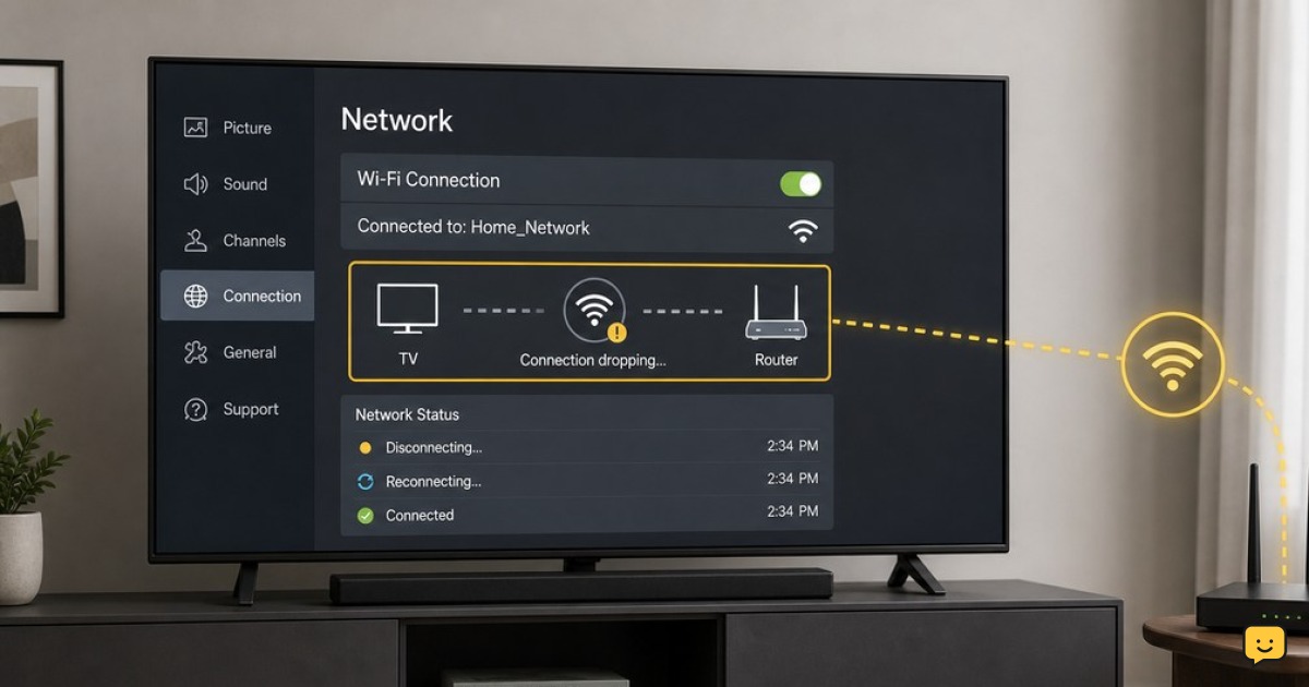 LG smart TV network settings beside a Wi-Fi router during connection troubleshooting
