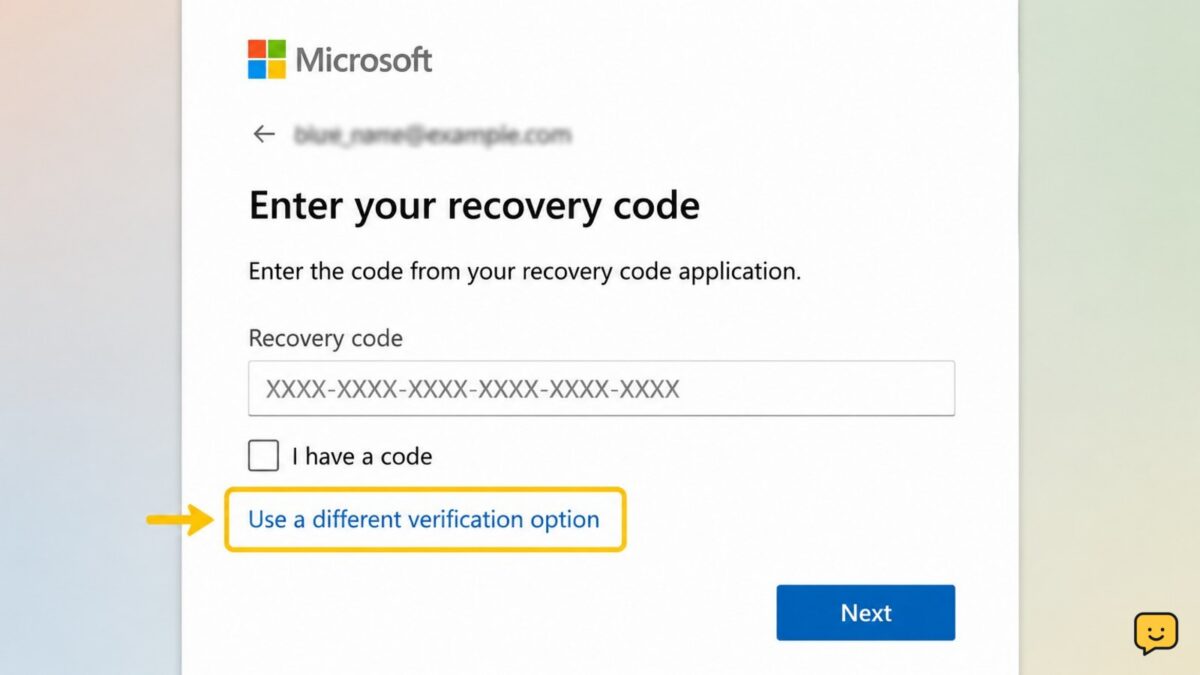 Microsoft account sign-in recovery screen with a recovery code field and an option to use another verification method
