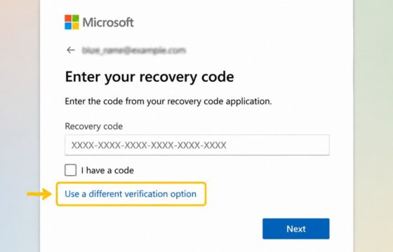 Microsoft account sign-in recovery screen with a recovery code field and an option to use another verification method