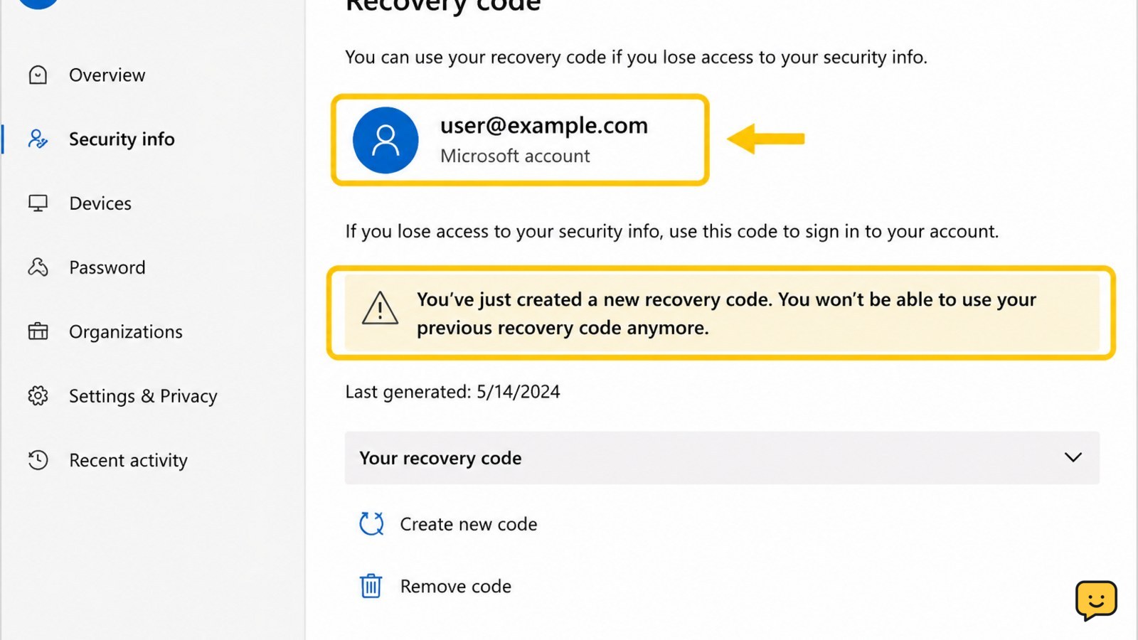 Microsoft account recovery-code settings showing the account identity and warning that a new recovery code replaces the previous one