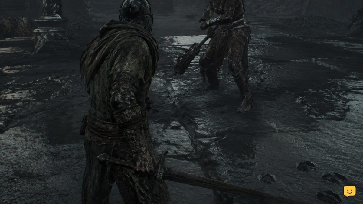 Mortal Shell II player character preparing to defend against a nearby enemy