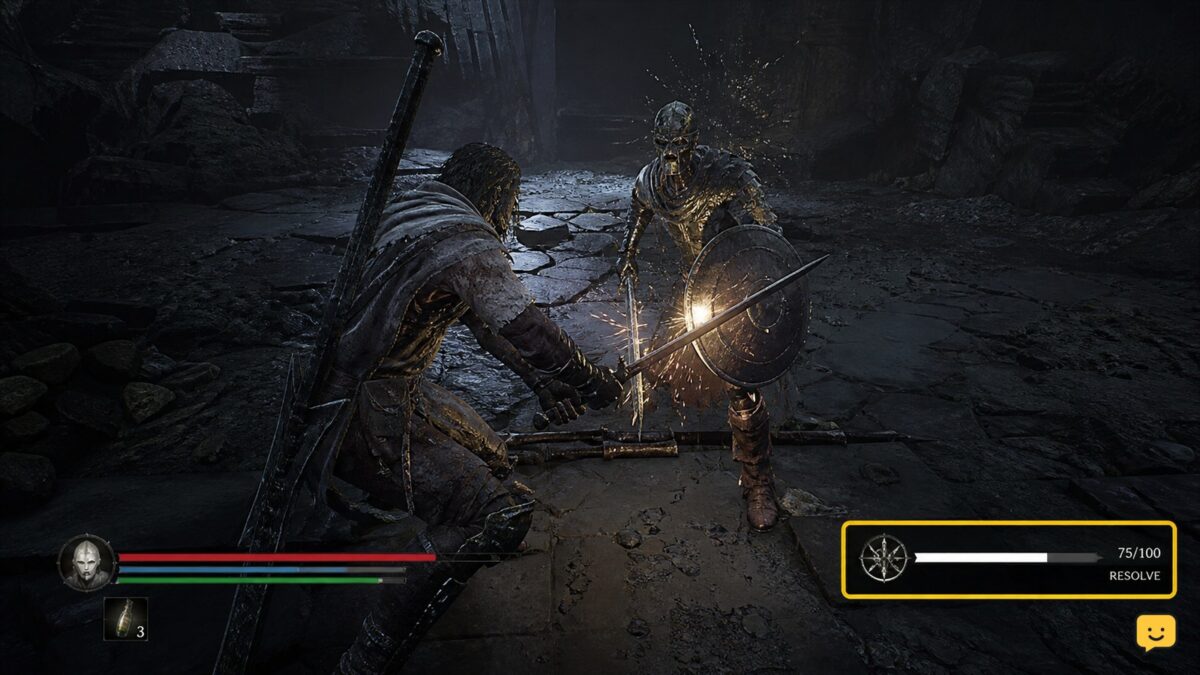 Mortal Shell II combat HUD with the Resolve meter visible during an enemy encounter