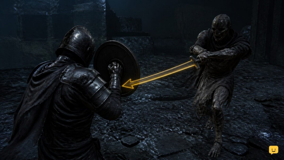 Mortal Shell II player character timing a parry against a visible enemy attack