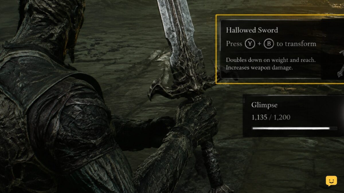 Mortal Shell II character holding a weapon with its transformation prompt and resource indicator visible