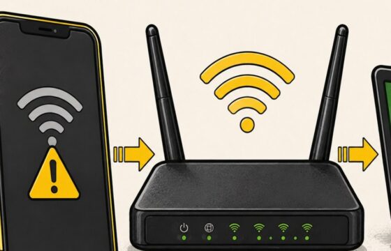 Phone with a Wi-Fi warning, home router, and a second device connected successfully