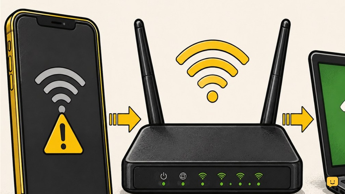 Phone with a Wi-Fi warning, home router, and a second device connected successfully