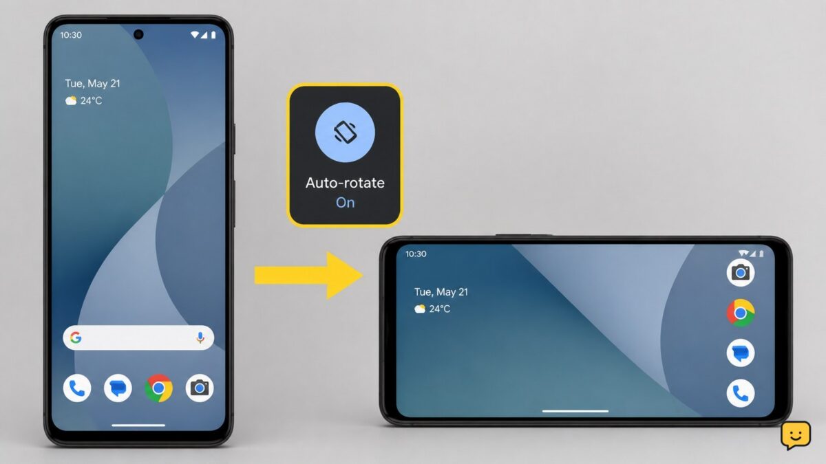 A smartphone changing from portrait to landscape orientation beside an enabled auto-rotate control