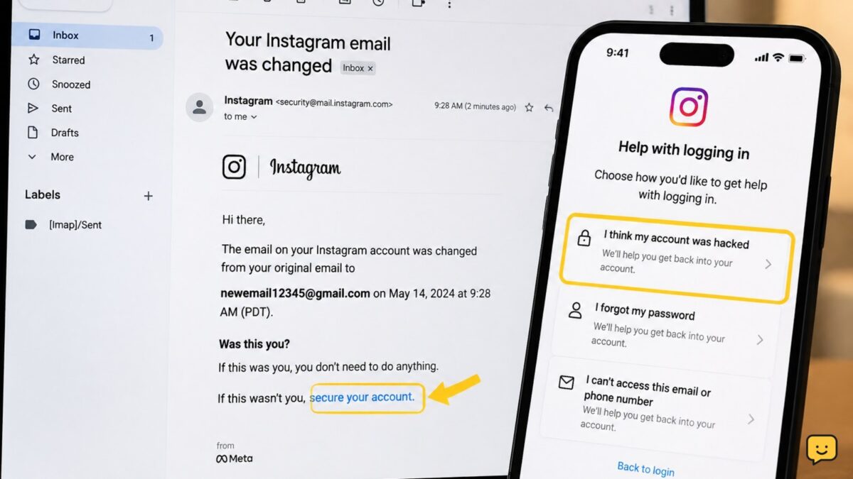 Instagram hacked-account recovery with an email-change warning in the original inbox