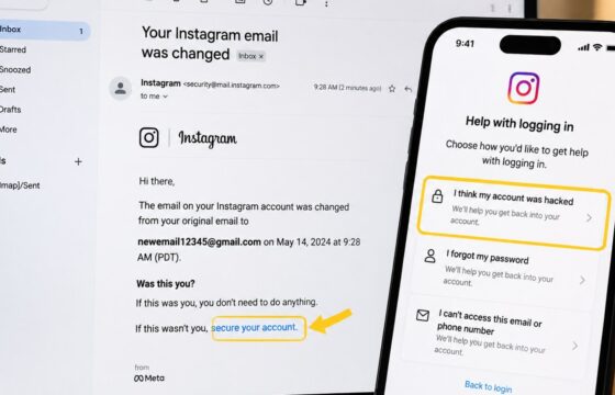 Instagram hacked-account recovery with an email-change warning in the original inbox