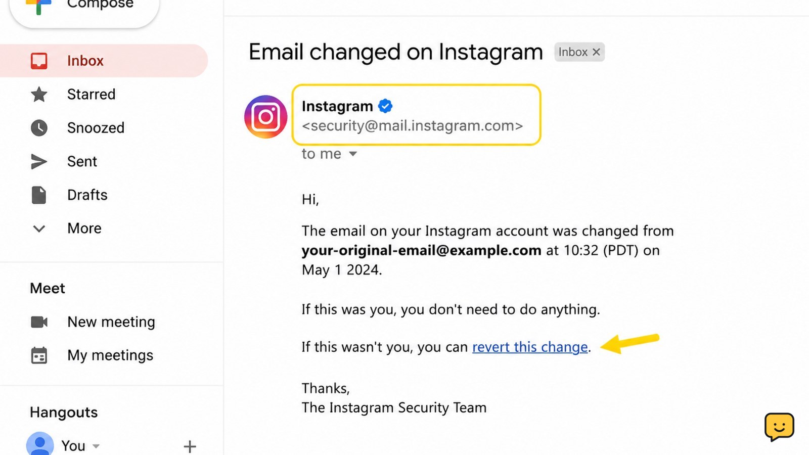 Instagram security email showing the official sender and email-change reversal link