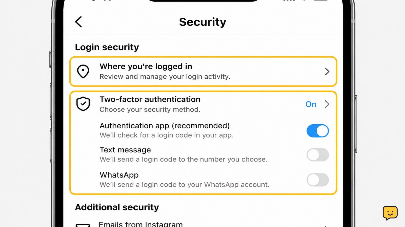 Instagram security settings showing login activity and two-factor authentication options