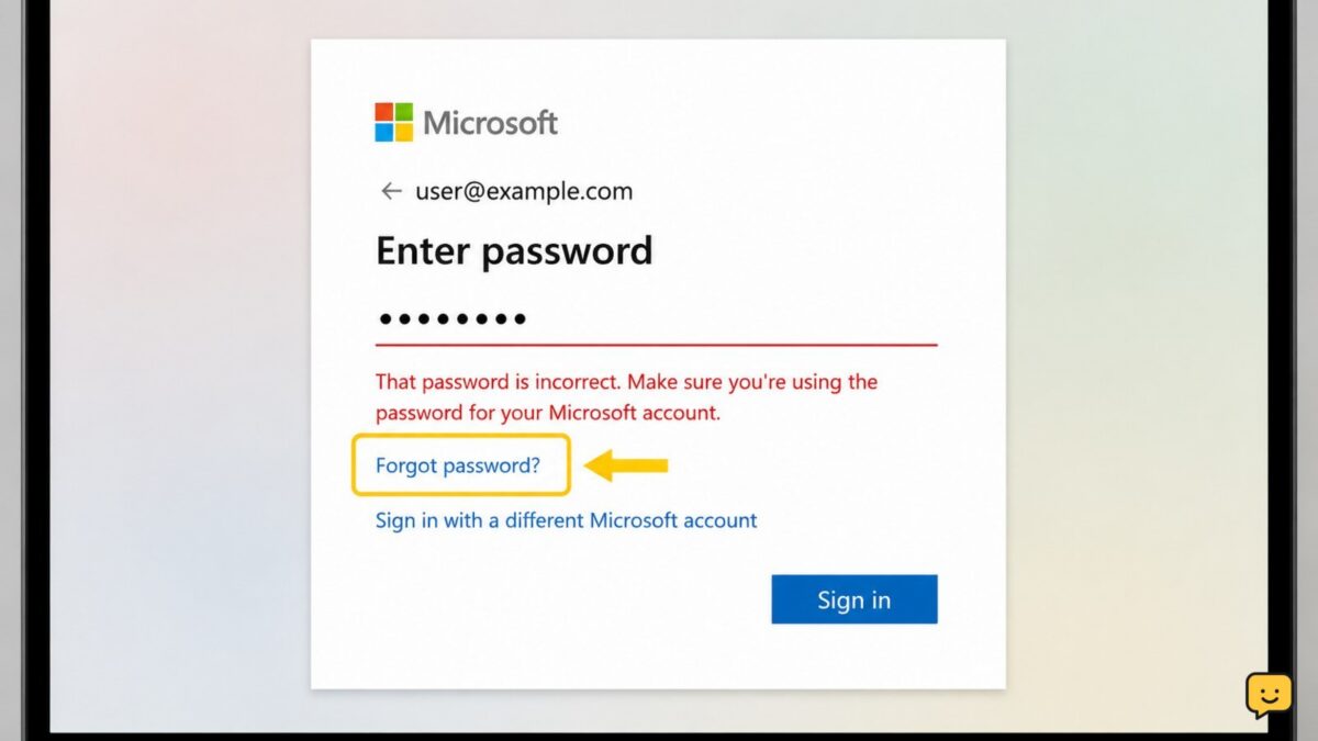 Microsoft account sign-in screen showing a rejected password and the password-recovery option