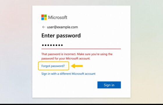 Microsoft account sign-in screen showing a rejected password and the password-recovery option