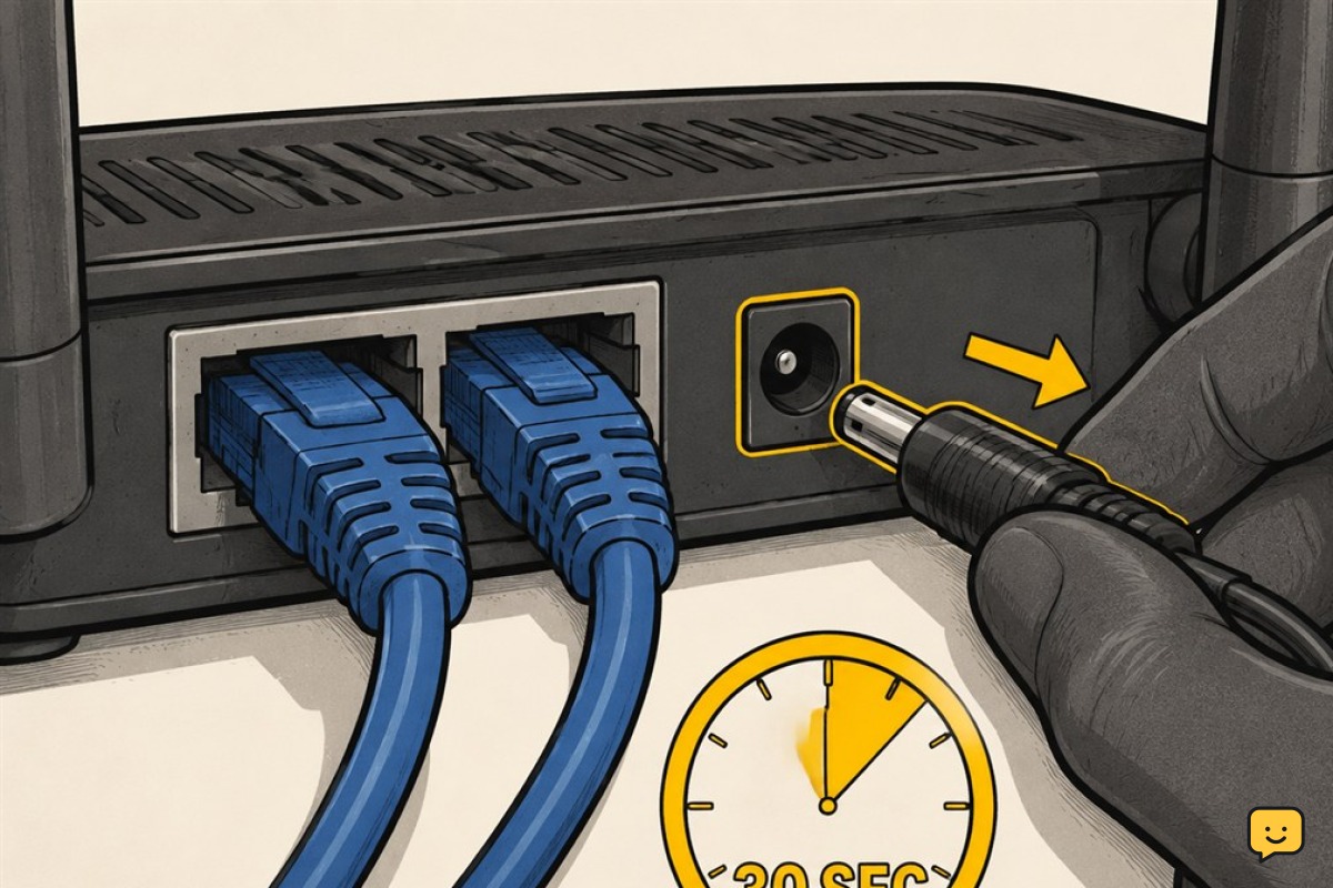 Hand unplugging the round router power cable while Ethernet cables remain connected