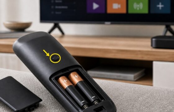 Roku voice remote with fresh batteries and its pairing button highlighted