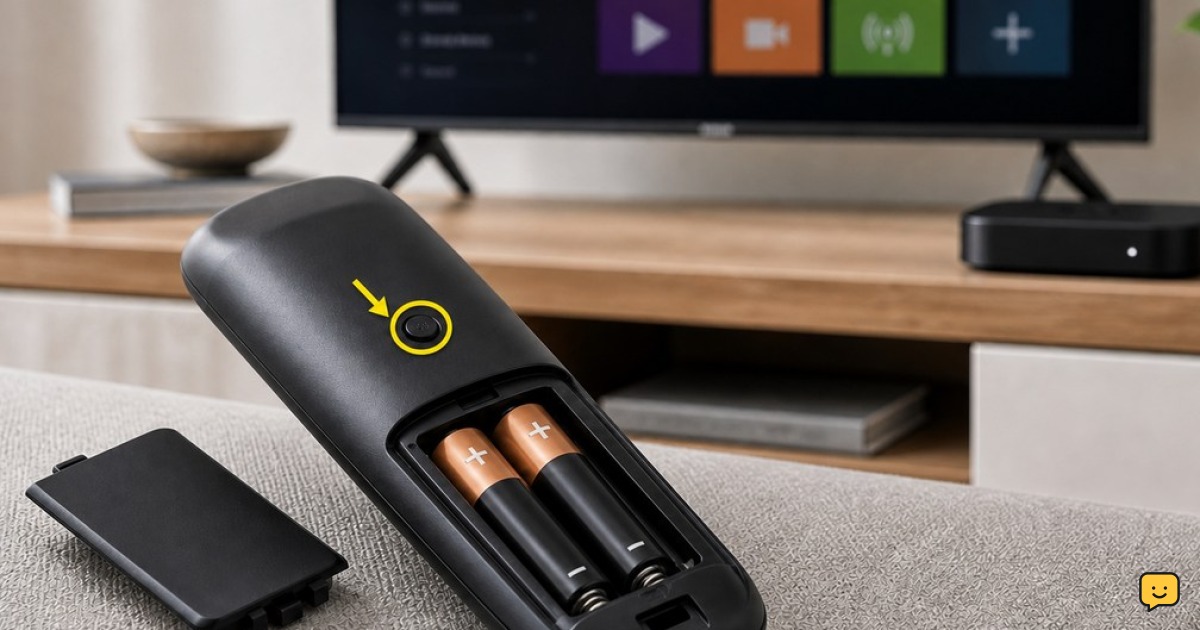 Roku voice remote with fresh batteries and its pairing button highlighted